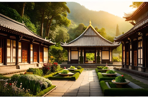 Un jardín chino con césped verde y una pagoda al fondo.