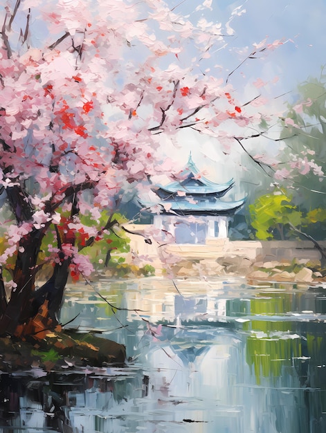 Jardín chino de primavera Pintura al óleo en estilo impresionista Composición vertical