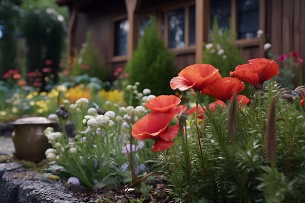 Un jardín colorido al lado de una hermosa casa llena de flores vibrantes