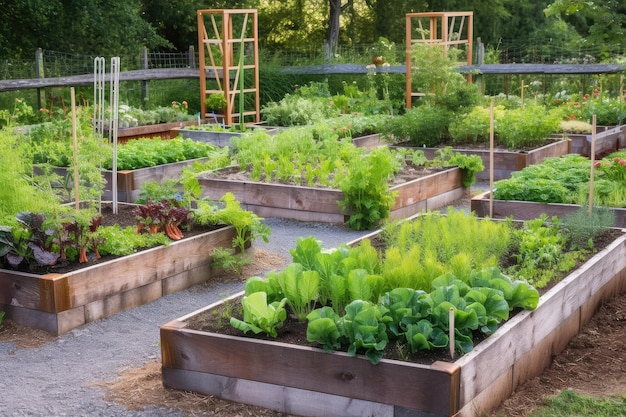 Jardín comestible con lechos de hierbas, frutas y verduras.