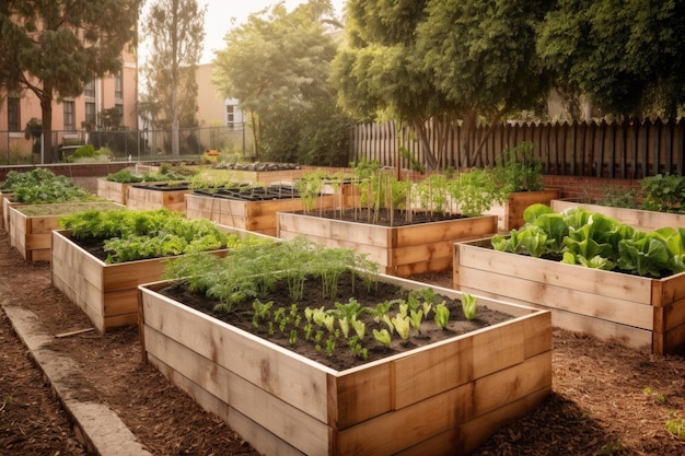 Jardín comunitario con canteros elevados para el cultivo de hierbas, verduras y frutas creado con IA generativa