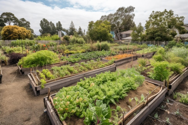 Foto jardín comunitario con hileras de verduras y hierbas listas para la cosecha creado con ia generativa