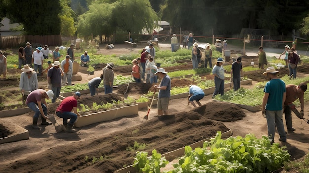 Jardín comunitario vida limpia plantas veganas verdes jardinería vida sostenible IA generativa