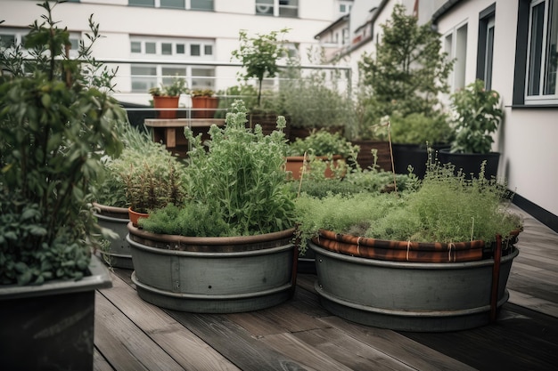 Jardín de contenedores con hierbas y verduras en el entorno urbano creado con ai generativa