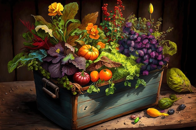 Foto jardín de contenedores lleno de coloridas flores y vegetales creados con inteligencia artificial generativa