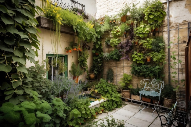 Jardín creativo con plantación vertical y plantas trepadoras creado con IA generativa