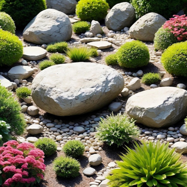 Jardín decorado con rocas y flores y plantas aisladas sobre un fondo blanco