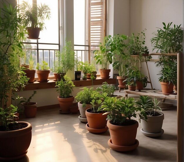 jardín dentro de la casa con plantas en ollas