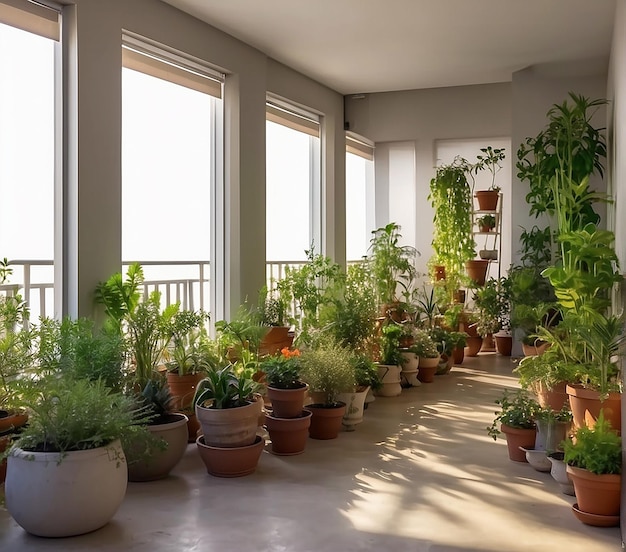 jardín dentro de la casa con plantas en ollas