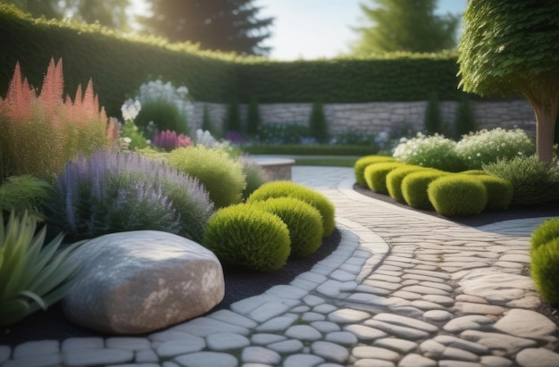 Jardín de diseño de paisaje en un patio trasero con plantas frescas y piedras de enfoque suave