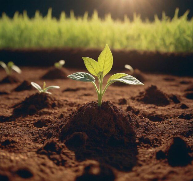 Jardín ecológico con pequeñas plantas iluminadas por el sol