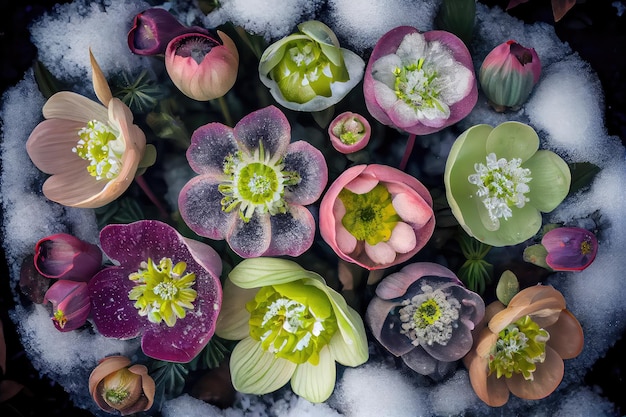 Jardín con eléboros con nieve Primavera