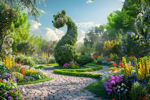 Jardín encantado con animales topiarios caprichosos y