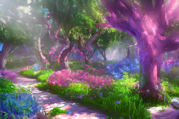 Jardín encantado Un jardín mágico con un camino flores árboles Mundo de fantasía Mañana tranquila e idílica