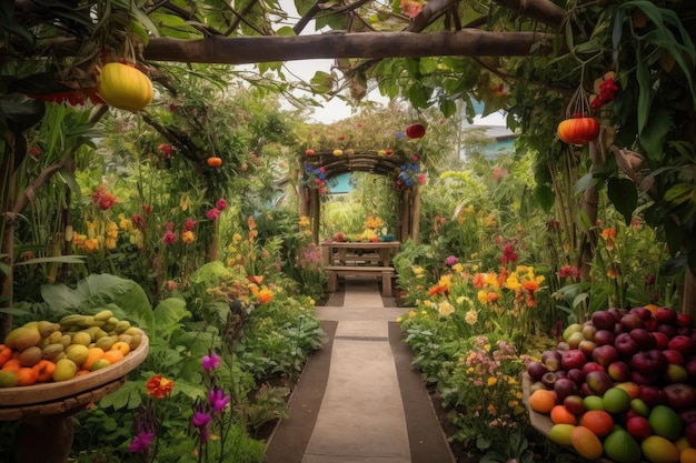 Jardín encantado lleno de flores coloridas y frutas y especias exóticas creadas con inteligencia artificial generativa