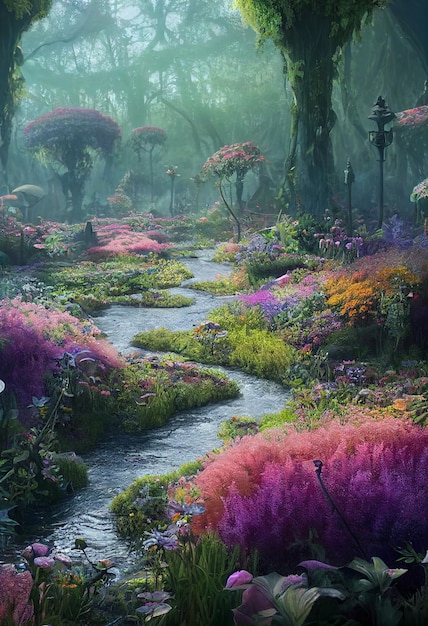 Jardín encantado del paraíso con flujo de corriente a través de la ilustración digital de fantasía