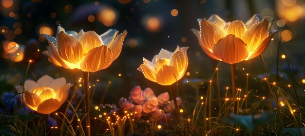 Jardín encantador con flores gigantes y setas brillantes iluminadas por una luz mágica