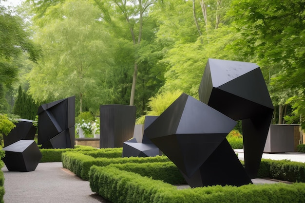 Jardín de esculturas modernas con esculturas abstractas y geométricas en un entorno natural al aire libre