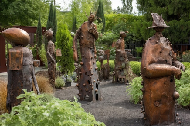 Jardín de esculturas con una variedad de esculturas, desde caprichosas hasta dramáticas.