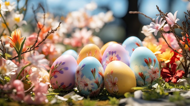 El jardín estalla de colores mientras los huevos de Pascua se anidan en secreto entre las flores de primavera en flor