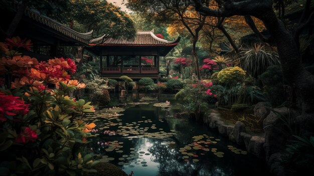 Un jardín con un estanque y una casa al fondo.