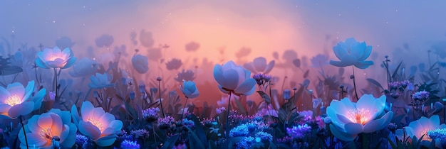 Un jardín etéreo de flores bioluminescentes translúcidas que brillan suavemente contra un cielo crepuscular