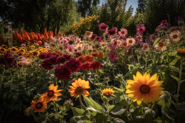 Jardín exuberante flores coloridas y vibrantes vida y movimiento entre los pétalos generativo IA