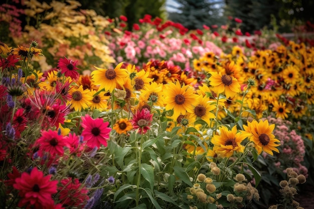 Jardín exuberante flores coloridas y vibrantes vida y movimiento entre los pétalos generativo IA