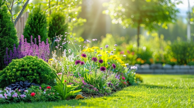 Jardín exuberante a la luz del sol de la mañana