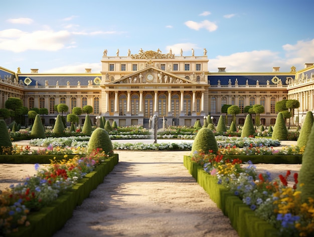 Foto jardín y fachada del palacio de versalles hermosos jardines al aire libre cerca de parís francia el palacio de versalles fue un castillo real y fue agregado a la lista de sitios del patrimonio mundial de la unesco