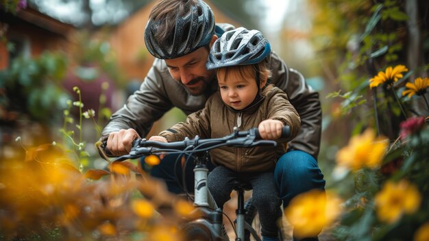 En el jardín de la familia un padre enseña a su hijo a montar mientras usa un casco para la seguridad mientras monta