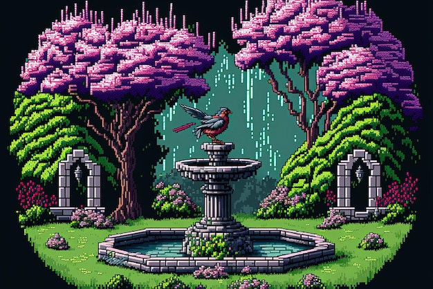 Jardín de fantasía de arte de píxeles en bosque mágico jardín místico de fondo en estilo retro para juego de 8 bits AI