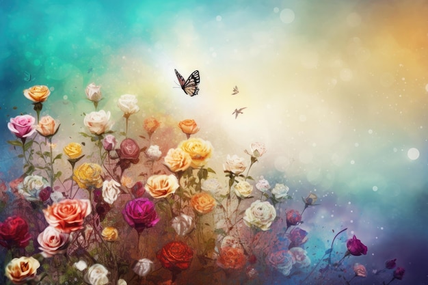 Jardín femenino en plena armonía rosas mariposas y cielo sereno generativo IA