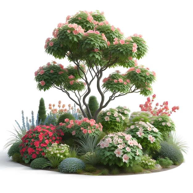 un jardín con flores y un árbol con una cara verde
