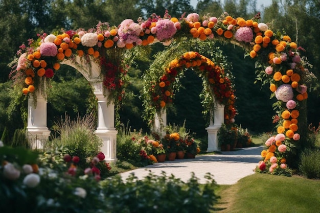 un jardín con flores y un banco con una flor amarilla en la parte superior