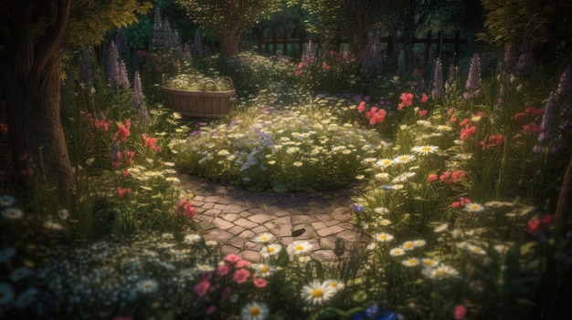 Un jardín con flores y un banco en el medio.