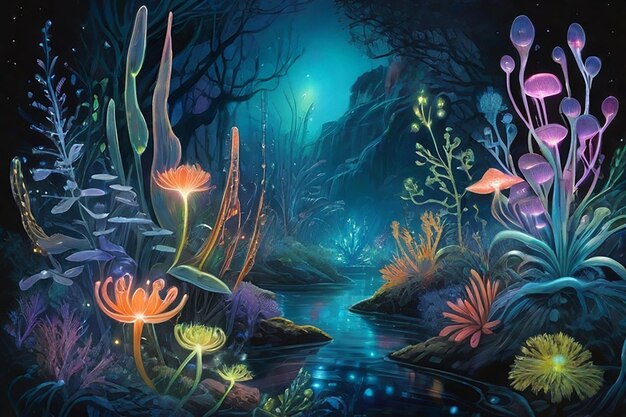 Un jardín de flores bioluminescentes