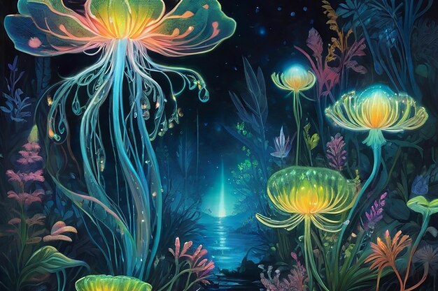 Un jardín de flores bioluminescentes