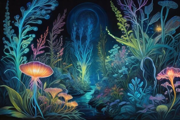 Foto un jardín de flores bioluminescentes