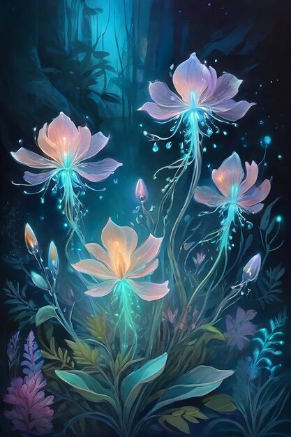 Un jardín de flores bioluminescentes