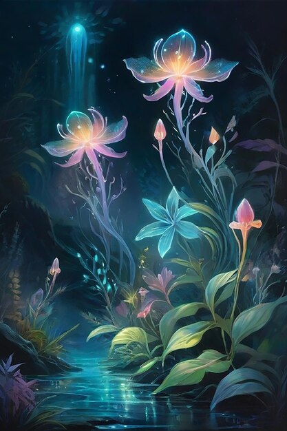 Un jardín de flores bioluminescentes