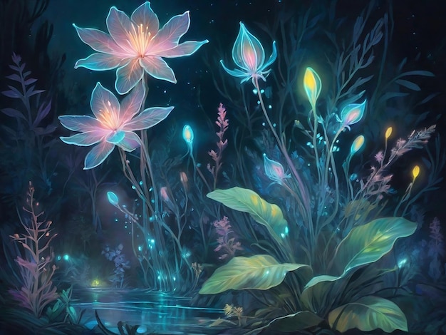 Un jardín de flores bioluminescentes