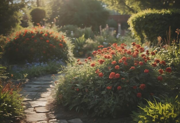 un jardín con flores y un camino que dice flores