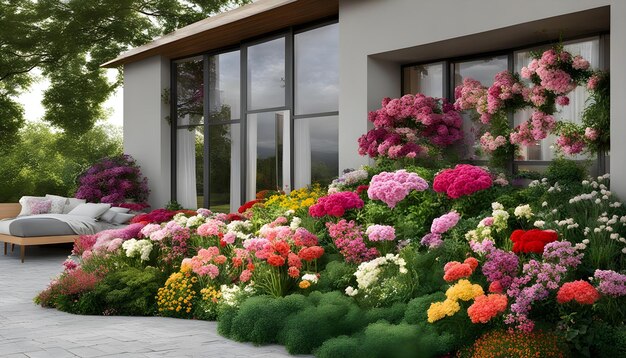 Foto un jardín de flores con una casa en el fondo