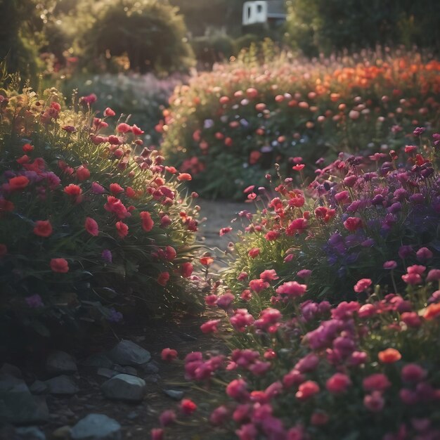 un jardín con flores y una casa en el fondo