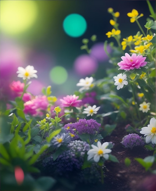 un jardín de flores con una flor morada y blanca en el medio