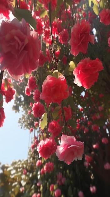 Un jardín de flores con una flor rosa.