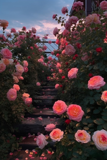 Un jardín de flores con un fondo rosa y un puente con un puente y una flor rosa.