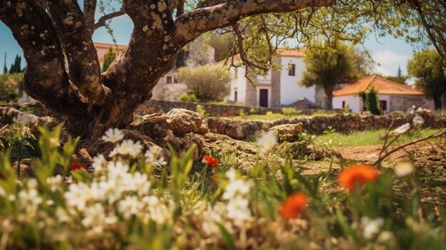 Foto un jardín con flores frente a una casa.