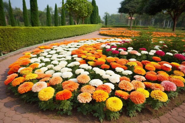 un jardín de flores con una fuente al fondo